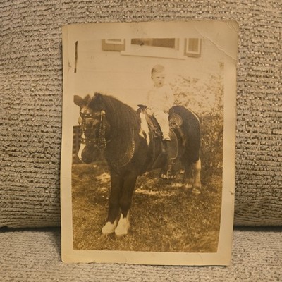 Cute Little Happy Baby Riding a Pony~ Horse~Vintage 1930s/40s Sepia Photo~5 x 7''