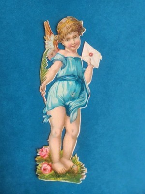 Oblate Glanzbild Scrap Die Cut Chromo  ENGEL BLAU BRIEF um 1900/20