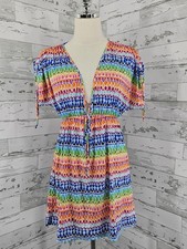 La Blanca Geometric Cover Up Dress V neck Adjustable Sleeves Womens Small