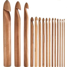 15 Pieces Wooden Bamboo Crochet Hooks Set 3 to 25 mm in Diameters Handcrafted...