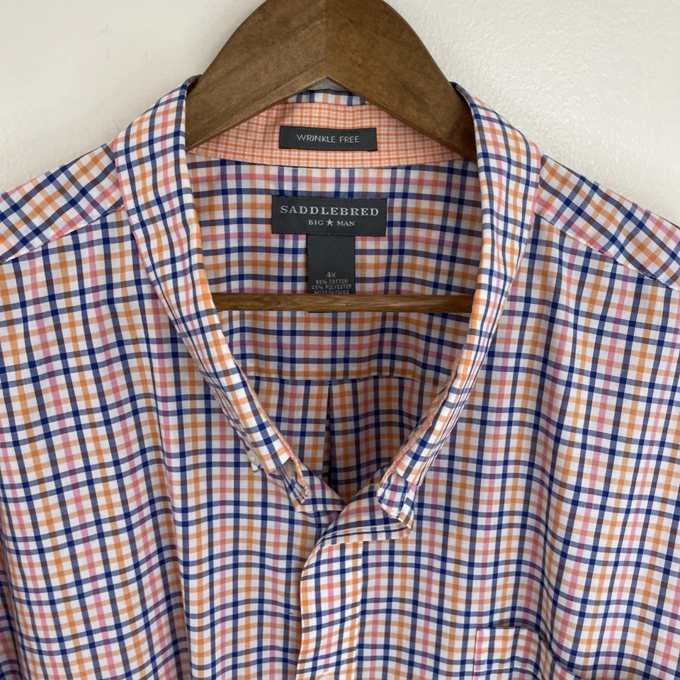 Camisa Saddlebred sin arrugas para hombre 4X naranja y azul a cuadros manga larga botón Foto 4 de 4