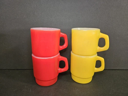 **SALE!** Vintage Fire King Stacking Mugs 2 Red & 2 Yellow LOT OF 4
