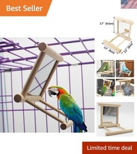 Interactive Wooden Bird Mirror with Swing  Perch for Parakeets - 3.7x3.5x3.5