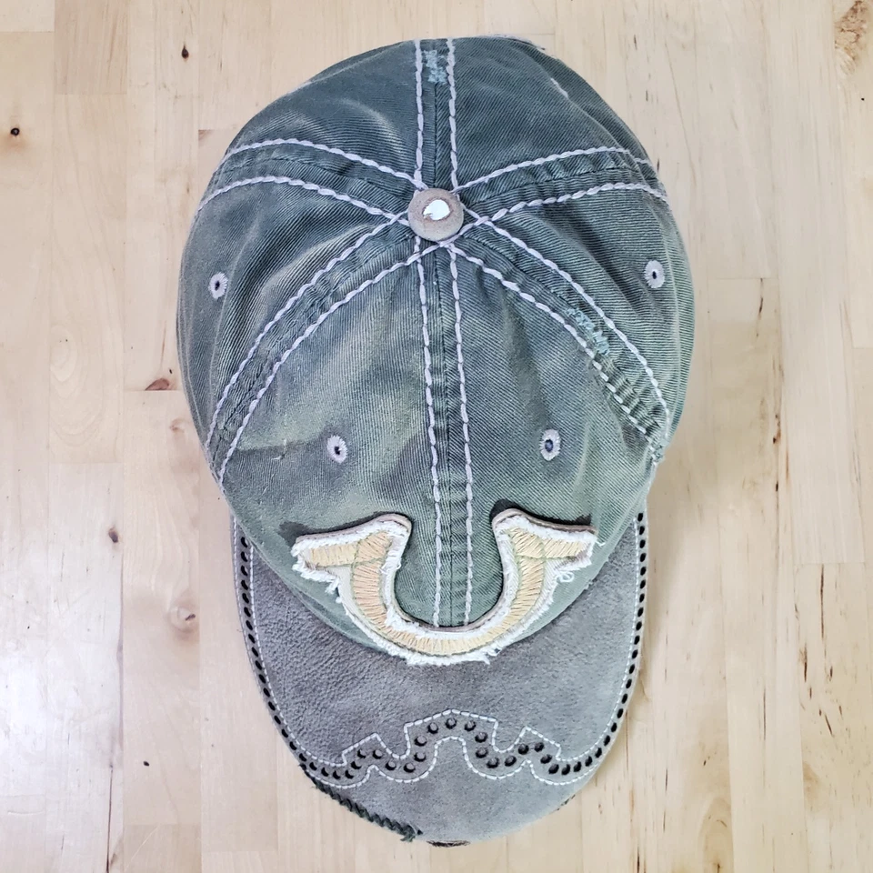Sombrero de Colección True Religion Verde Envejecido Gorra Ajustable con Logo Algodón Cuero Foto 3 de 4