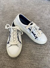 TORY BURCH Sport Snow White/Navy Blue ruffle leather tie sneakers-Size 6