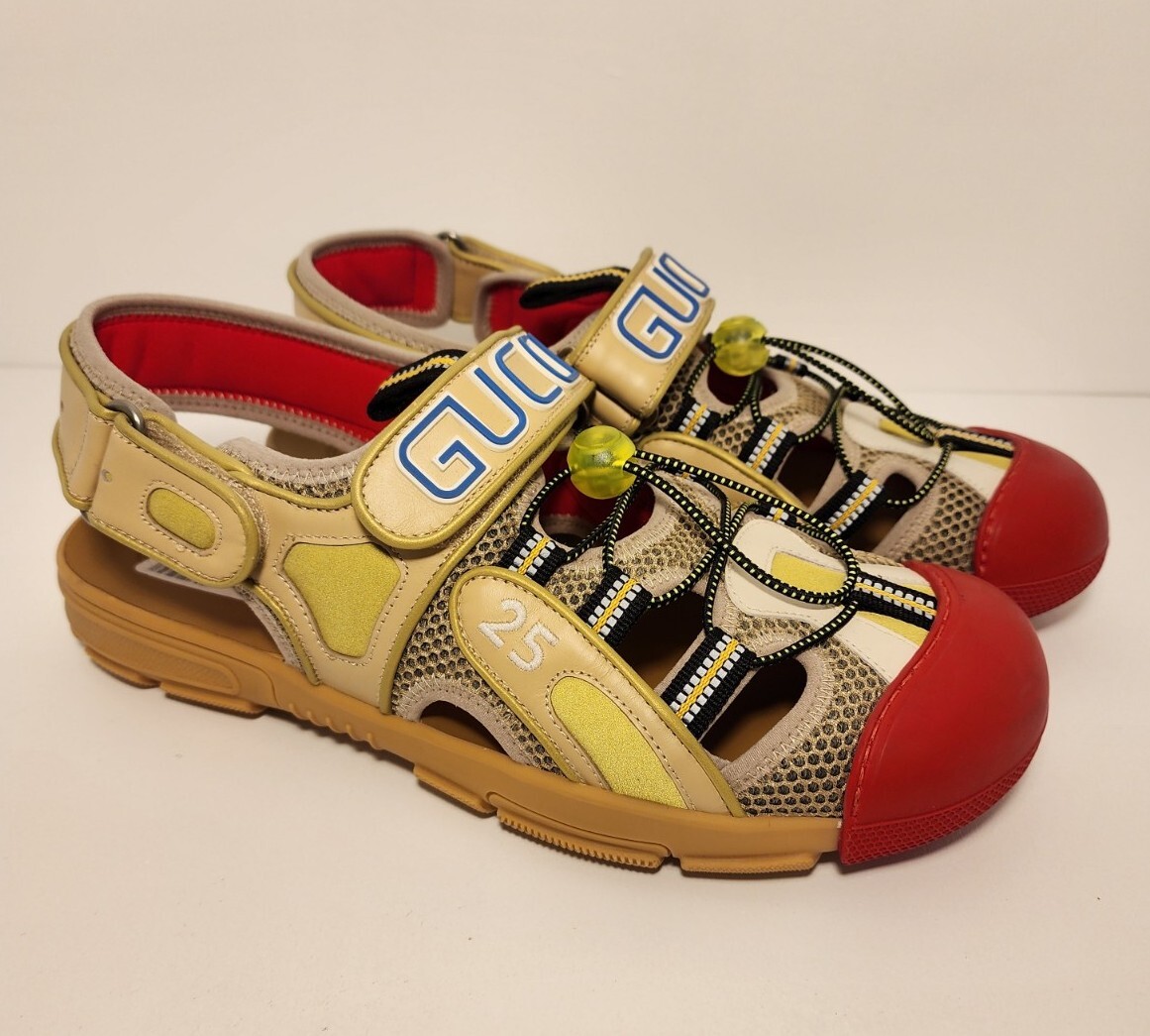 Gucci Tinsel Logo Detailed Rubber Leather And Mesh Sandals Size