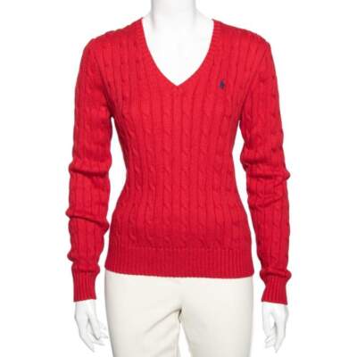 Polo Ralph Lauren Red Cotton Knit Kimberly V-Neck Women's Sweater