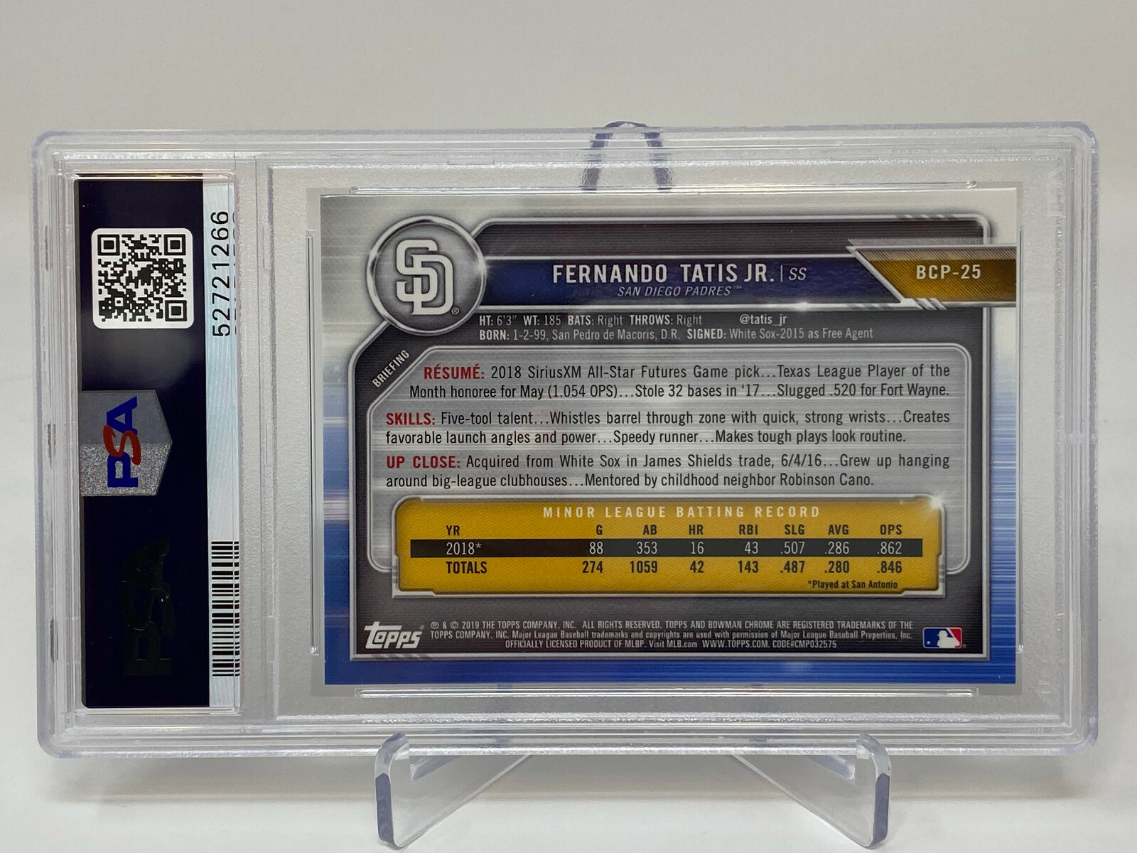 2019 Bowman #25 Fernando Tatis Jr. Prospects Chrome PSA 10 Rookie Card view 6