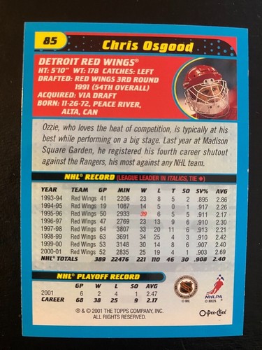 Chris Osgood 2001-02 O-Pee-Chee Hockey Heritage #85 Detroit Red Wings - Picture 2 of 2