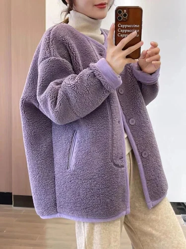 Autumn/Winter women V-neck Plush Jacket Korean Fashion Simulation Lamb Hair Coat