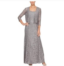 Alex Evenings Size 16w Long Aline Jacket Gray Silver Sequin Mother Bride Dress