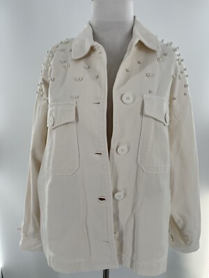 NWT Women's Zara Creme Color Denim Jacket w/ Pearls Medium
