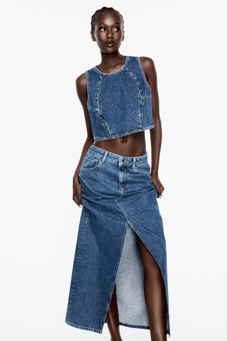 Zara Z1975 high waist blue denim midi maxi long skirt with eyelets