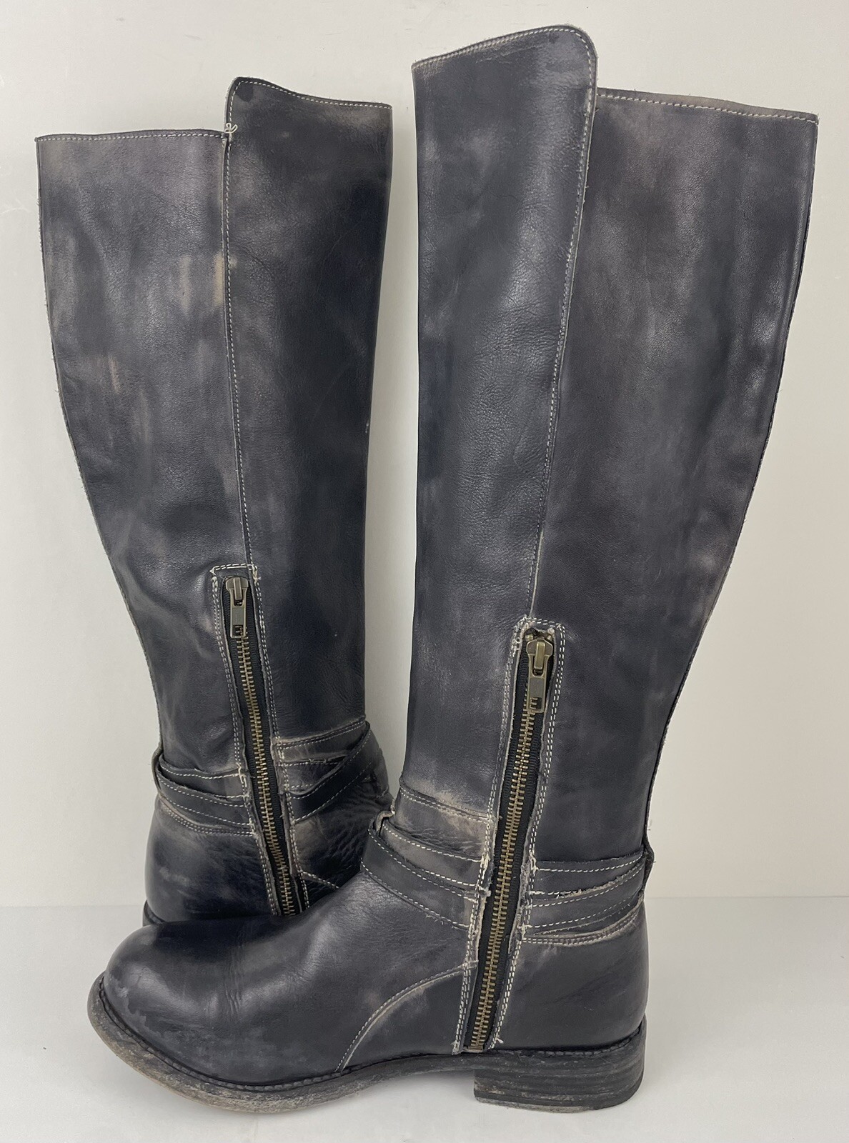 BED STU Black Bovine Leather Boots Distressed Tall Riding Boot Zip Closure 8.5 image 5