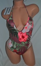 Victoria's Secret PINK VS V Plunge Neck Mesh One piece Swimsuit Floral Red S NEW
