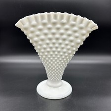 Vtg Fenton Hobnail White Milk Glass Fan Vase 8 Inches Introduced 1958 USA Made