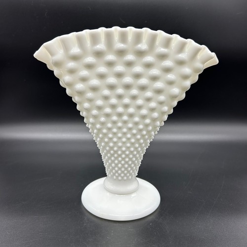 Vtg Fenton Hobnail White Milk Glass Fan Vase 8 Inches Introduced 1958