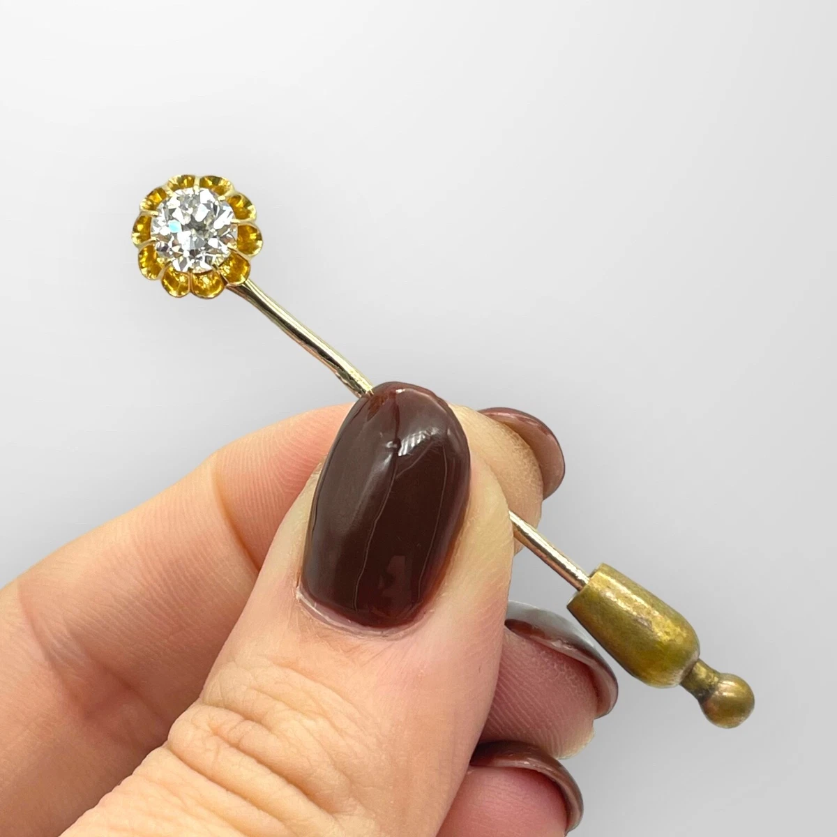 Antique 18ct Yellow Gold 1ct Old Cut Diamond Tie Stick Pin New Box 18k