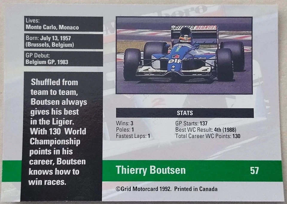 Canada 1992 Grid Formula 1 #057 Thierry Boutsen - Image 2 of 2