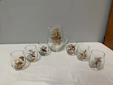 Clear Glass Pitcher and 6 Stemless Wine Glasses Hand Painted Birds