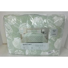 NEW Laura Ashley TWIN Size Linley Quilt  Sham Set Green Sea Shell NIP
