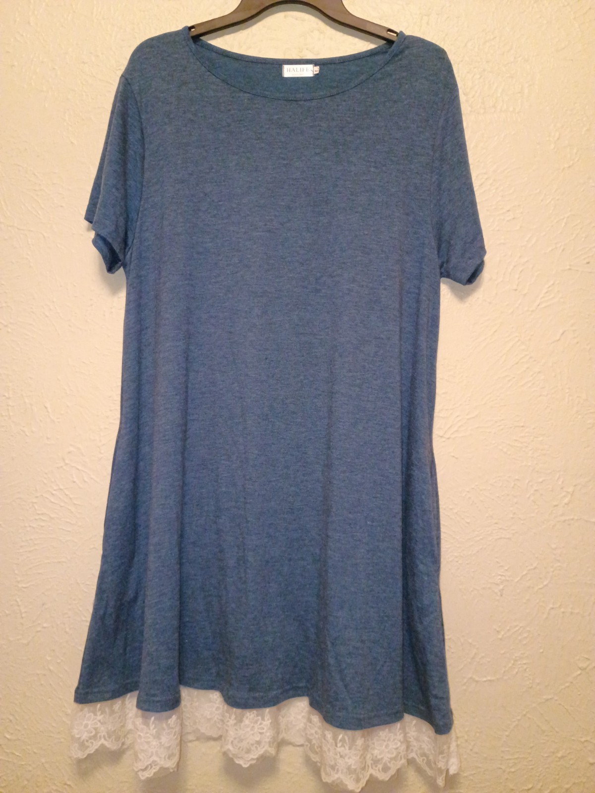 Halife Blue T-Shirt Dress White Lace Hem Round Neck Short Sleeve Knee L