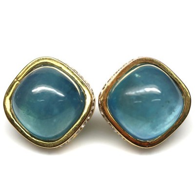 Handgefertigte 925 Silber Ohrringe 18 x 18 mm Aquamarin Zircon Cushion Cabochon