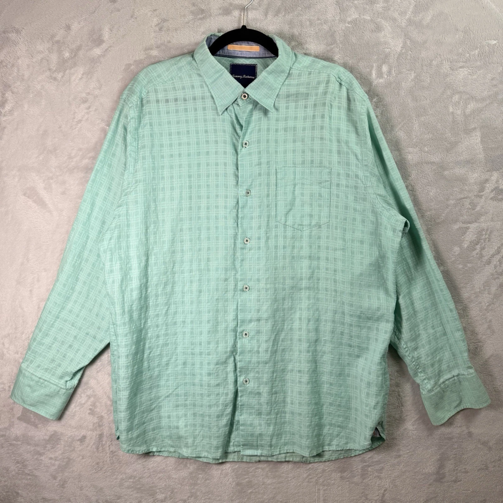 Tommy Bahama Linen Cotton Button Up Shirt Men's Large Green/Blue Teal Check