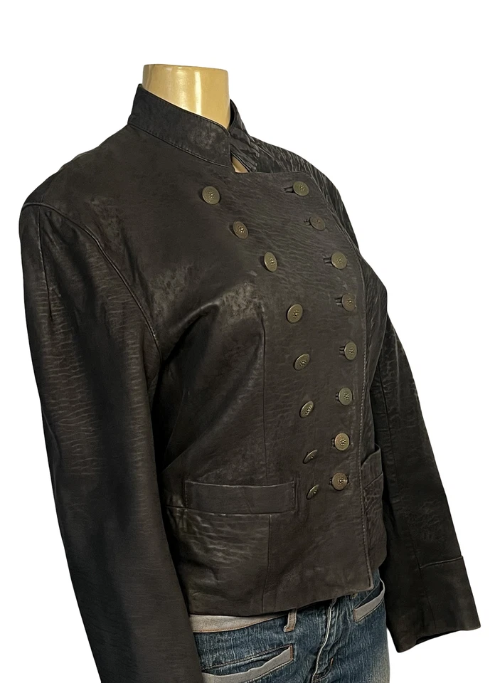 Chaqueta de Cuero Sardar London Mujer Pequeña Negra Doble Pecho Militar Inglaterra Foto 3 de 4