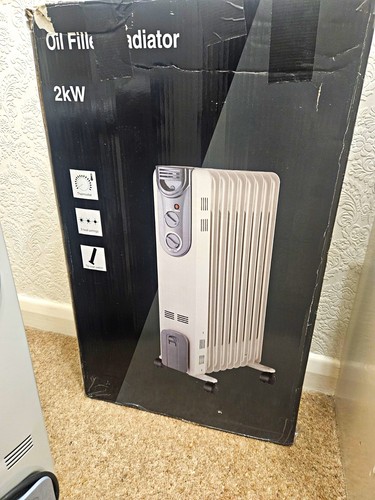 2kW Portable Oil Filled Radiator 3 Heat Thermostat Safety 220-240V White/Grey