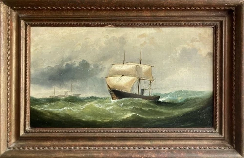 ANTIQUE OIL PAINTING Mail Steamer in The English Channel BARLOW MOORE 1834-1897