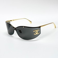 CHANEL CHA7187 Shield Sunglasses Gold Frame Black Lens CC Logo Women Italy