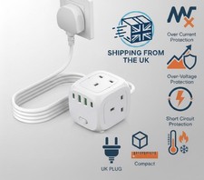 3 WAY EXTENSION LEAD WITH USB PORTS CUBE POWER STRIP WITH SWITCH CABLE 2m UK