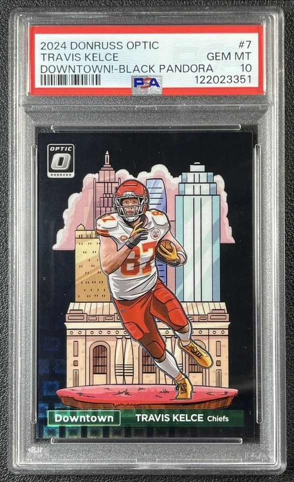 TRAVIS KELCE PSA 10 2024 PANINI DONRUSS OPTIC #7 DOWNTOWN! BLACK PANDORA 17/25