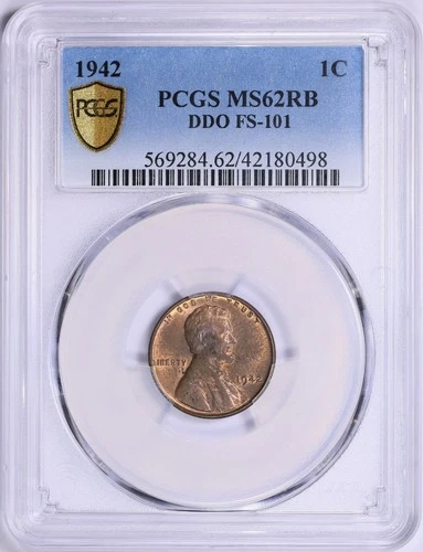 1942 Lincoln Cent DDO FS 101 PCGS MS62 RB Secured PCGS Holder