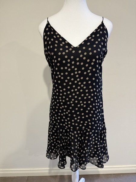Zara Basic Black Beige Polka Dot Ruffle Hem Mini Slip Dress Size S AU 8 Chiffon 