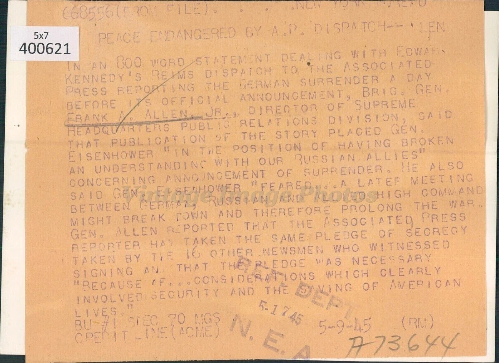 1945 Photo Military Frank Allen Director Supreme Headquarters Relation - 画像2/2