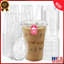 100 Pack 16 oz Plastic Cups with Lids and Straws, Clear Disposable Plastic Cups,