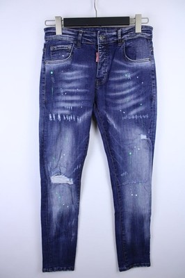 Dsquared2 Slim Jean Blue Worn Distressed Paint Splatter Button Fly Jeans Size 44