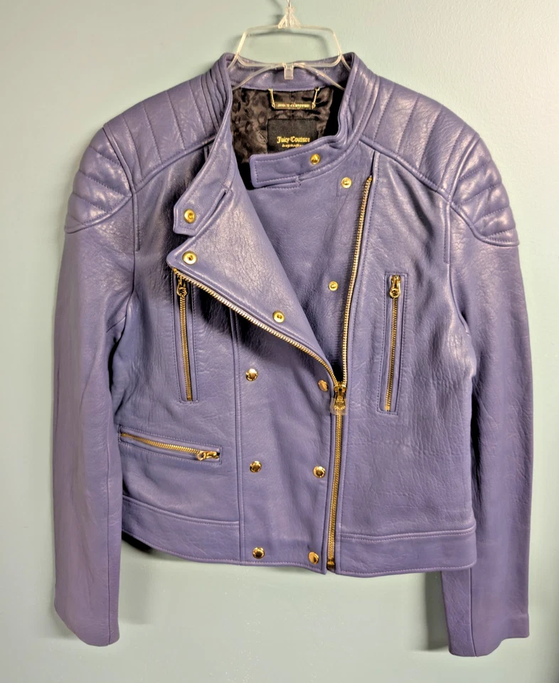 Chaqueta de moto de cuero real púrpura lila Juicy Couture talla L Foto 2 de 4