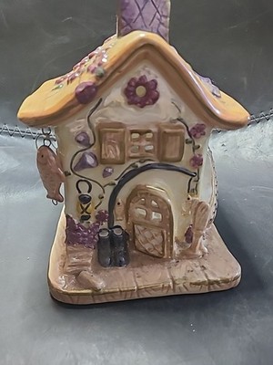 Little Cottage Fishing  House tea light ceramic Purple 7.5''
