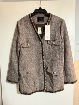 Goelia Brown Check Wool Button Jacket Lined Collared Long Sleeve Size L