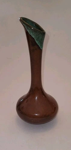 Van Briggle 7 Inch Bud Vase Brown With Green Drip Glaze.  Marked.  Initialed BR.