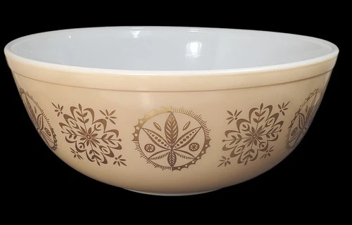 Vtg Pyrex 4 Qt. Tan Gold Hex Signs Promotional Mixing Bowl Beige #404