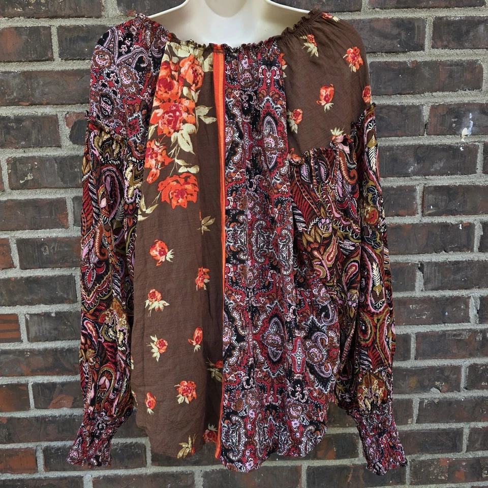 Camisa Boho Free People Top Talla M Floral Marrón Otoño Géminis Botones Cachemira Foto 2 de 4