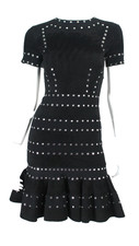 ALEXANDER McQUEEN 2017 Black Velour Knit Silver Eyelet Ruffle Hem Dress XS