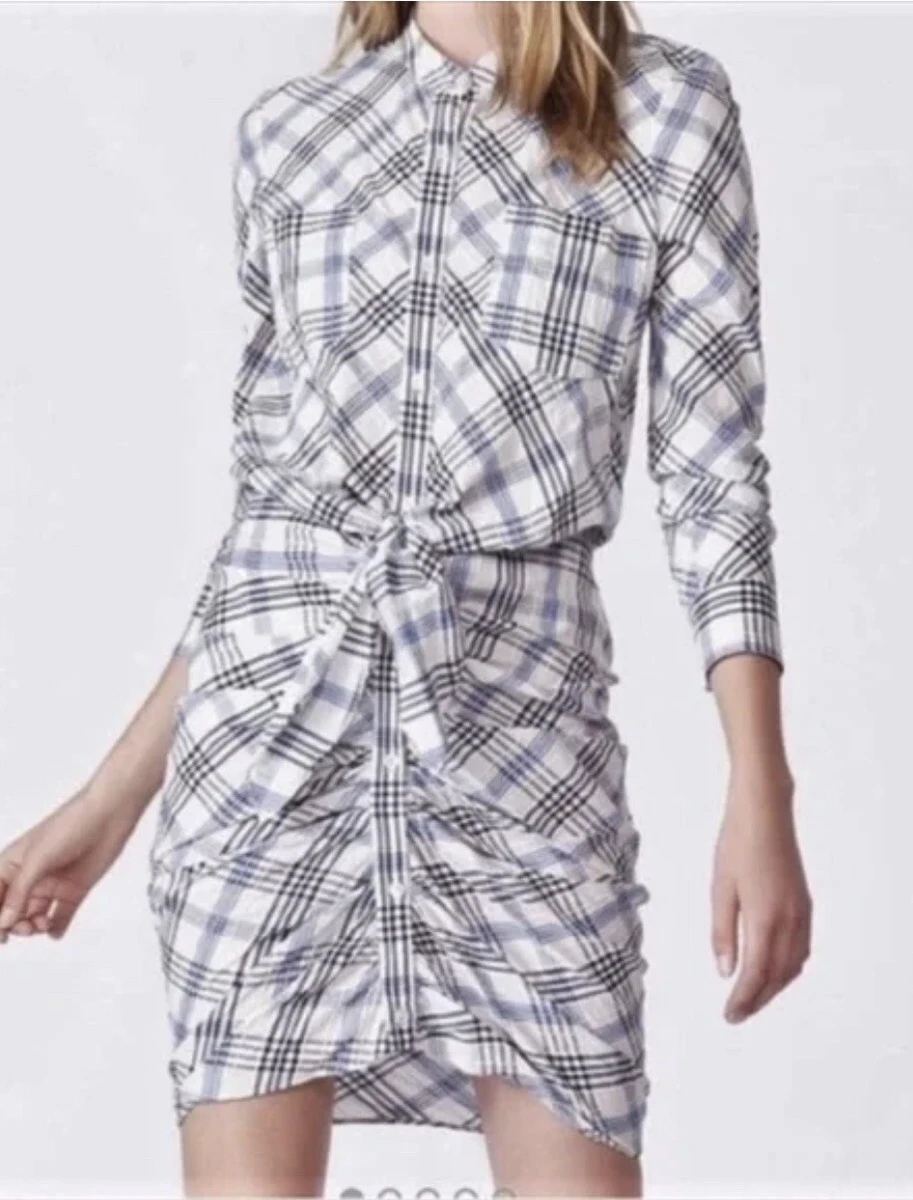 Veronica Beard Della Plaid Ruched Shirtdress Dress Size 12 Blue White