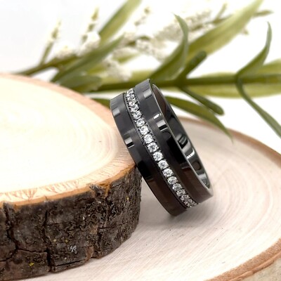 8mm Black Tungsten Christmas Gift Ring For Her White CZ Inlay Beveled Edges Band