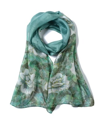 Invisible World Womens 100% Mulberry Silk Scarf Long Hand Painted Floral Celadon