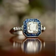 Art Deco 1.50CT White Asscher Cut CZ Antique Vintage Wedding Ring In 925 Silver